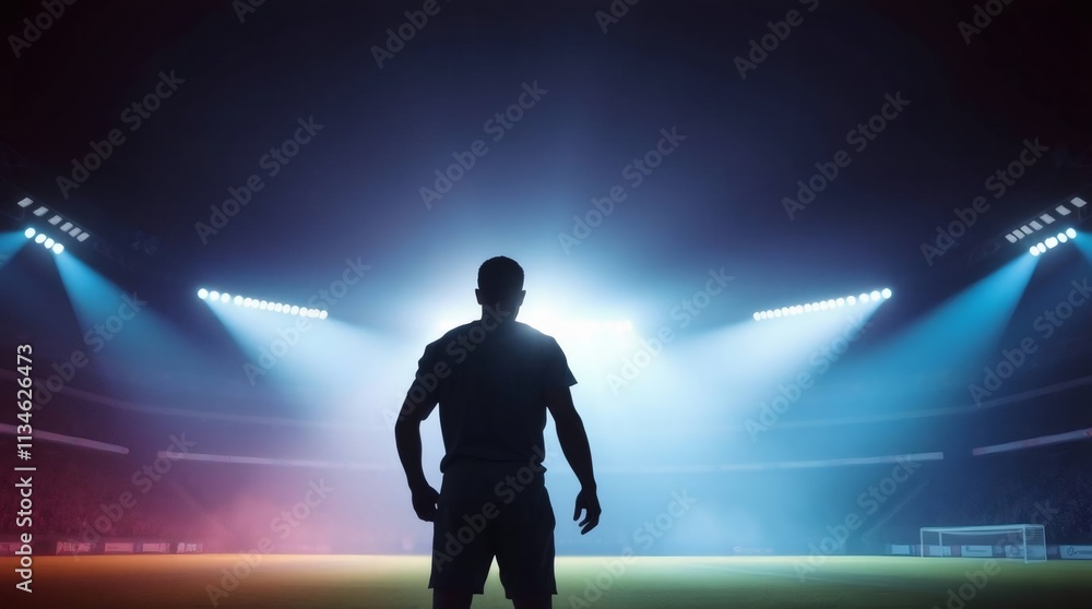 Silhouette of a Football Player in Stadium Spotlight: A lone figure stands tall on the pitch, illuminated by the stadium lights. Silhouette of a Football Player in Stadium Spotlight: A lone figure stands tall on the pitch, illuminated by the stadium lights.