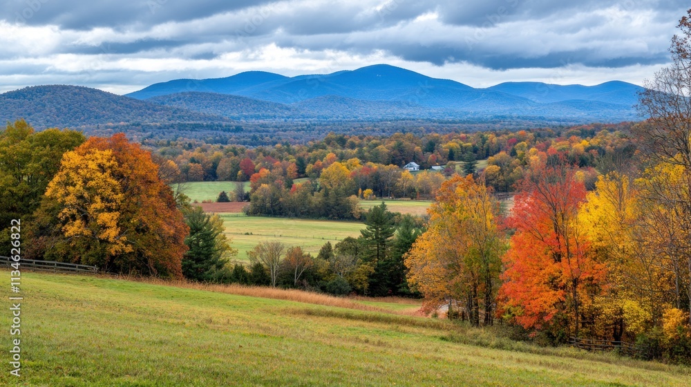 A scenic landscape showcasing autumn foliage with mountains in the background. A scenic landscape showcasing autumn foliage with mountains in the background.