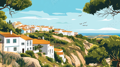 Illustration, typical landscape of the algarve region in Portugal, touristic advertisement poster. Promotional poster for tourist destination, wonderful Algarve region.