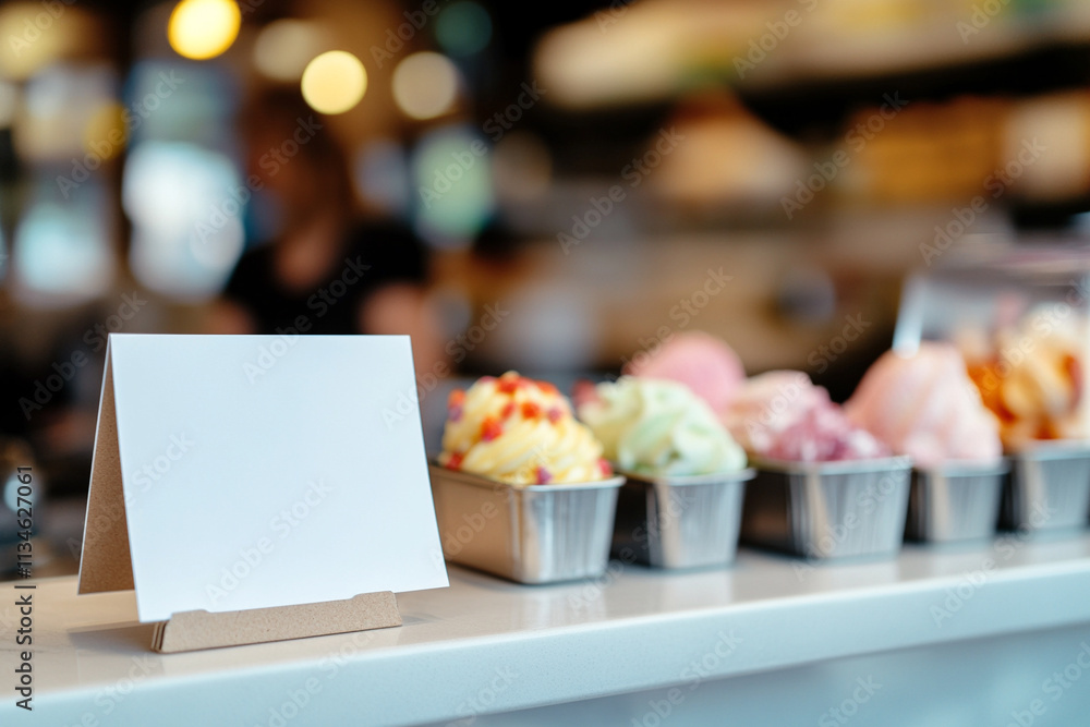 Blank Card Displayed in an Ice Cream Shop with Assorted Flavored Scoops Blank Card Displayed in an Ice Cream Shop with Assorted Flavored Scoops