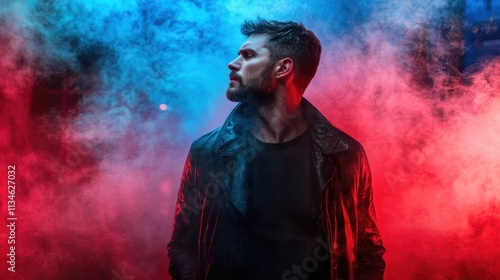 A man stands with confidence amidst a swirl of colorful smoke, his silhouette striking against the vibrant hues of red and blue, creating an intense atmosphere.