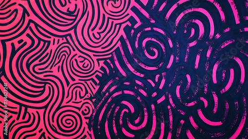 Vibrant neon spirals twisting into chaotic yet symmetrical patterns over a glowing magenta and black split backdrop