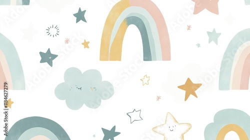 Charming and Whimsical Pattern Featuring Rainbows, Stars, Clouds, and Cheerful Elements Ideal for Kids' Decor, Invitations, or Playroom Themes in Soft Pastel Colors