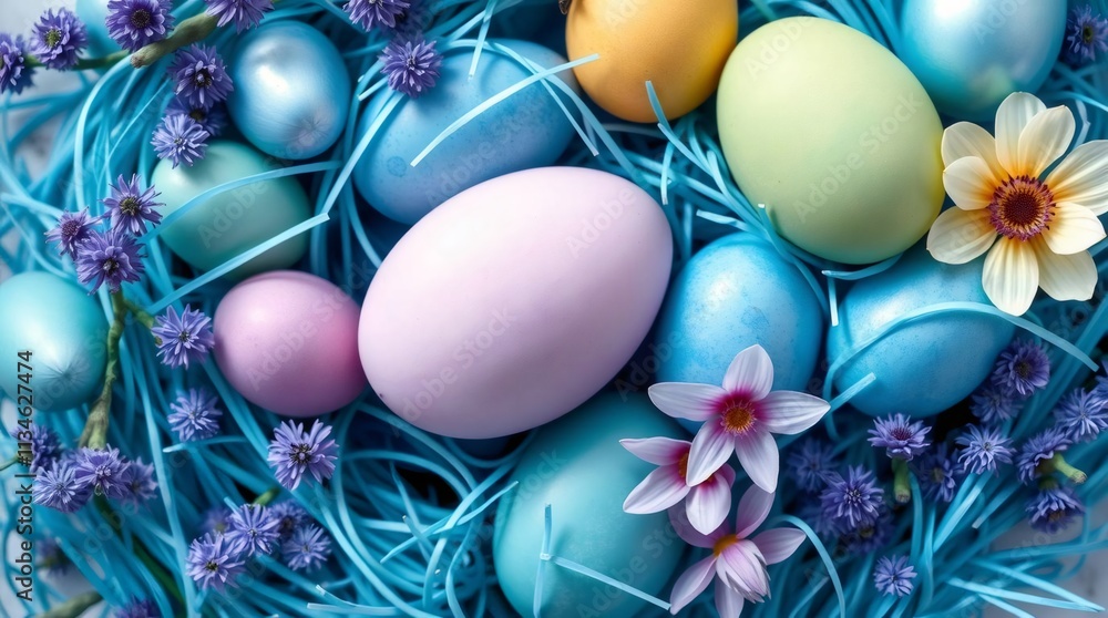 Pastel Easter Eggs Nestled in Blue Straw: A vibrant collection of pastel Easter eggs, adorned with delicate flowers, rest in a bed of blue straw, creating a whimsical and festive display. Pastel Easter Eggs Nestled in Blue Straw: A vibrant collection of pastel Easter eggs, adorned with delicate flowers, rest in a bed of blue straw, creating a whimsical and festive display.