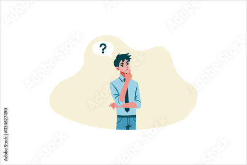 Illustration Young man wondering or thinking, planning or pondering. Men full of thoughts, holding hand by chin.. Vector illustration..