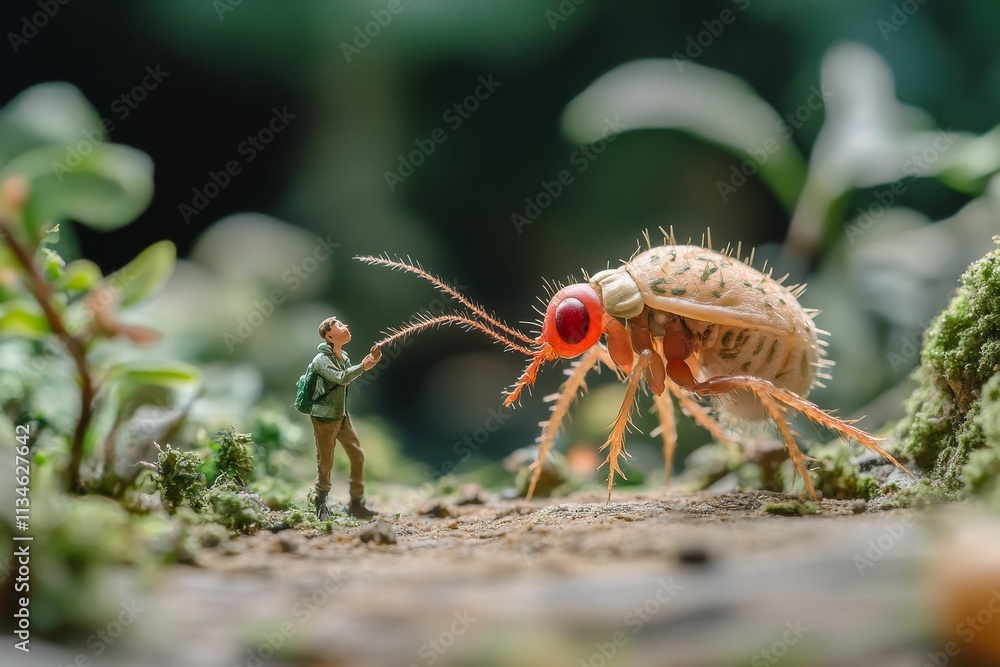 Naklejka premium Miniature figure encounters enormous insect, lush background.