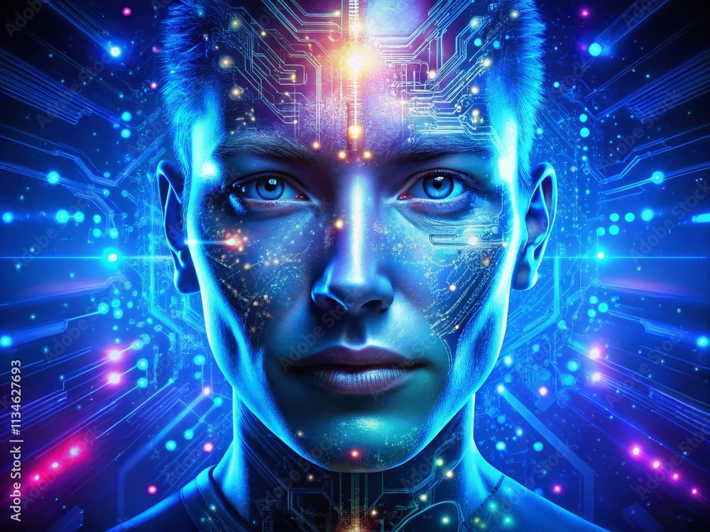 Aerial View of an Abstract Digital Face in Cool Blue Light, Showcasing Intricate Patterns and Dots, Merging Technology with Human Identity in a Futuristic Landscape Aerial View of an Abstract Digital Face in Cool Blue Light, Showcasing Intricate Patterns and Dots, Merging Technology with Human Identity in a Futuristic Landscape
