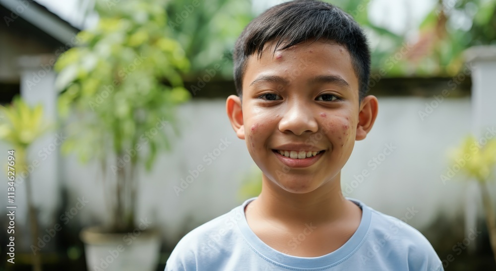 Smiling southeast asian boy in a garden setting for youthful portrait concept Smiling southeast asian boy in a garden setting for youthful portrait concept