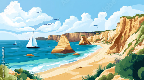 Illustration, typical landscape of the algarve region in Portugal, touristic advertisement poster. Promotional poster for tourist destination, wonderful Algarve region.