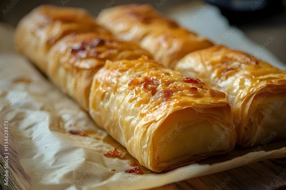 Rolls of puff pastry with bacon and cheese. Rolls of puff pastry with bacon and cheese.