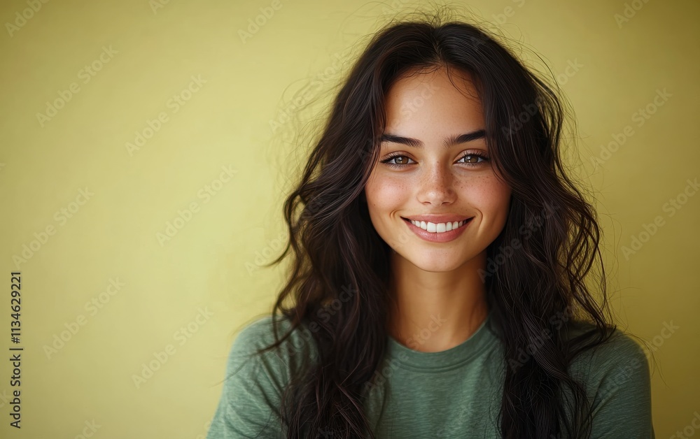 Fototapeta premium Beauty girl smiling and wearing a t-shirt in studio color background