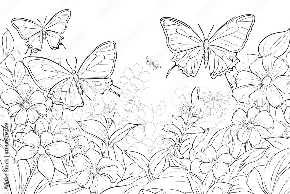 Fototapeta premium Black and white illustration of butterflies flying over blooming flowers, perfect for coloring books or nature themed projects