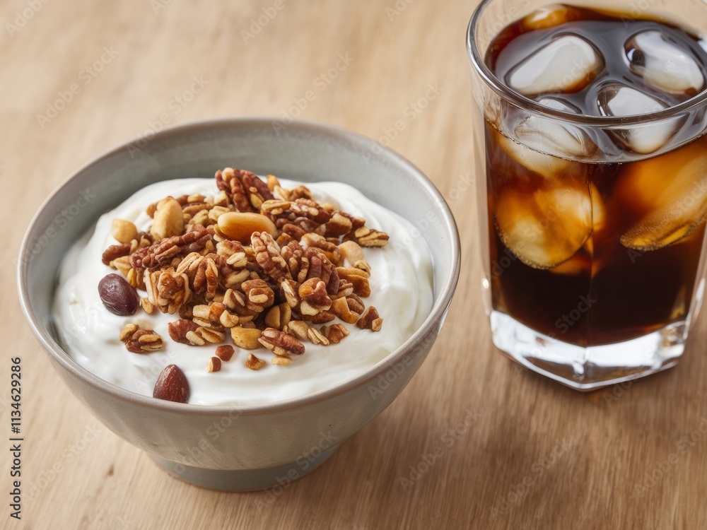 A bowl of yogurt topped with granola beside a glass of iced coffee. A bowl of yogurt topped with granola beside a glass of iced coffee.