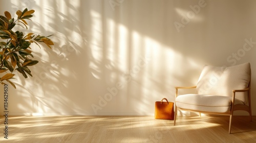 A minimalistic room featuring a simple chair and a plant, with light streaming through a window casting delicate shadows on wooden floor and beige walls. photo