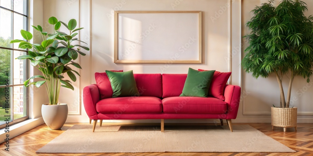 Stylish red sofa in a bright living room with natural light and indoor plants, creating a cozy atmosphere for relaxation Stylish red sofa in a bright living room with natural light and indoor plants, creating a cozy atmosphere for relaxation