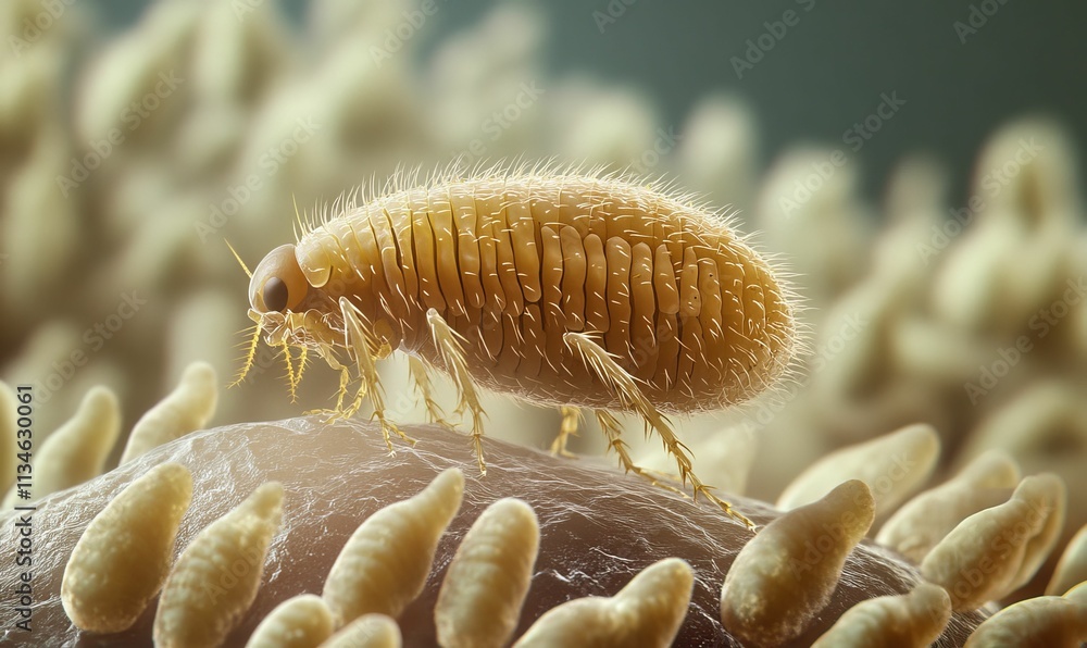 Naklejka premium Tiny insect crawls on textured surface, amidst smaller shapes.