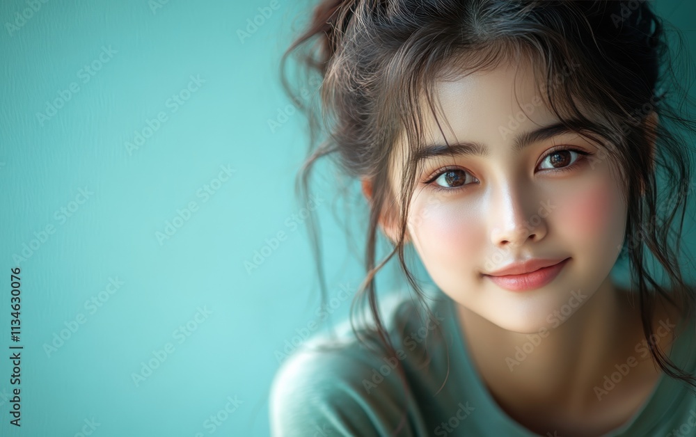 Asian woman smiling and wearing a t-shirt in studio color background Asian woman smiling and wearing a t-shirt in studio color background