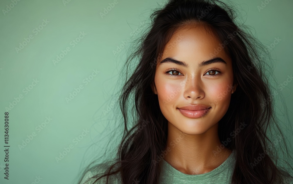 Asian woman smiling and wearing a t-shirt in studio color background Asian woman smiling and wearing a t-shirt in studio color background