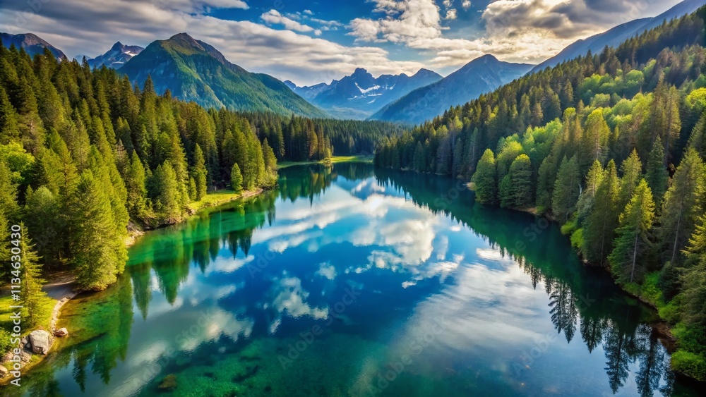 Obraz premium Aerial View of a Pristine Lake Surrounded by Majestic Mountain Forests Reflecting in the Clear Water Under Bright Daylight from Various Angles for Nature Lovers