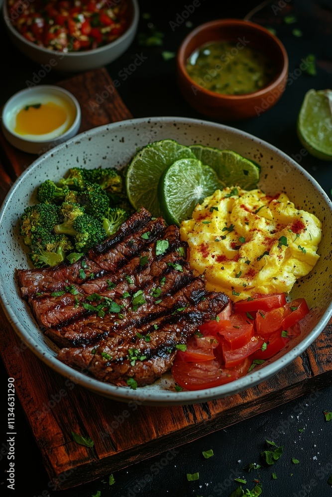 Juicy Steak and Scrambled Eggs Plate with Broccoli and Side Dish, Healthy Ketogenic Diet Dinner Juicy Steak and Scrambled Eggs Plate with Broccoli and Side Dish, Healthy Ketogenic Diet Dinner