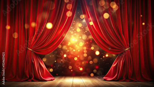 Looping red curtain bokeh animation, cinematic lighting creates a dramatic stage reveal.