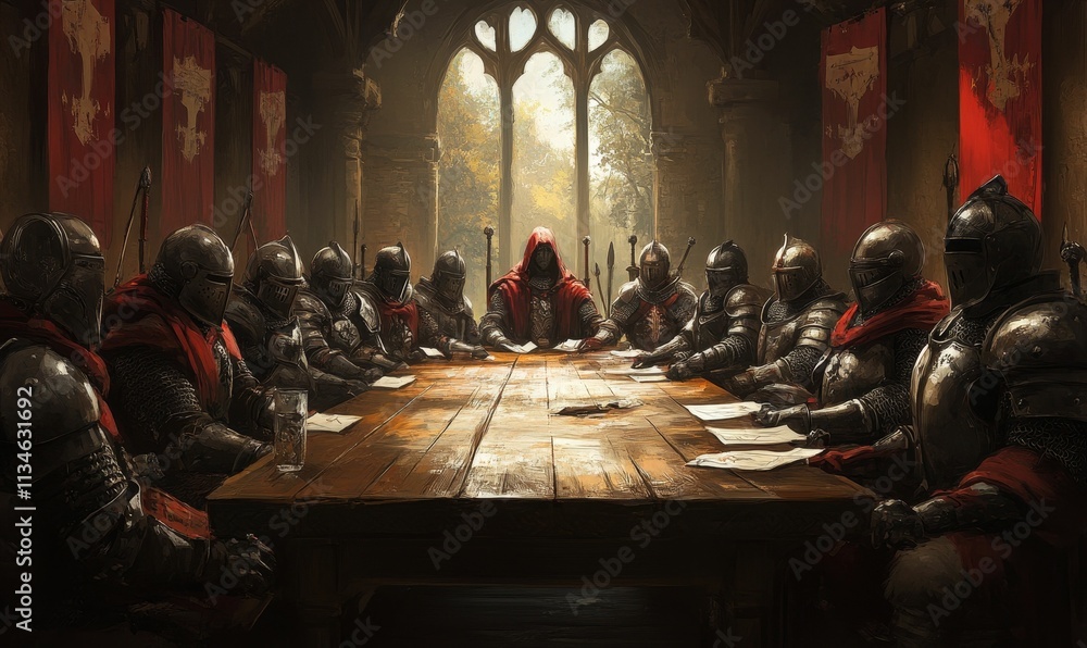 Fototapeta premium Armored figures convene; leader in red robe.