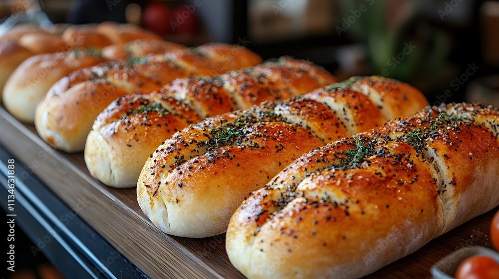 Freshly baked herb and seed loaves displayed on a wooden board. Freshly baked herb and seed loaves displayed on a wooden board.