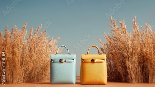 Light blue and yellow handbags displayed in an artistic manner amidst decorative grasses, creating a harmonious blend of modern fashion and natural elegance. photo