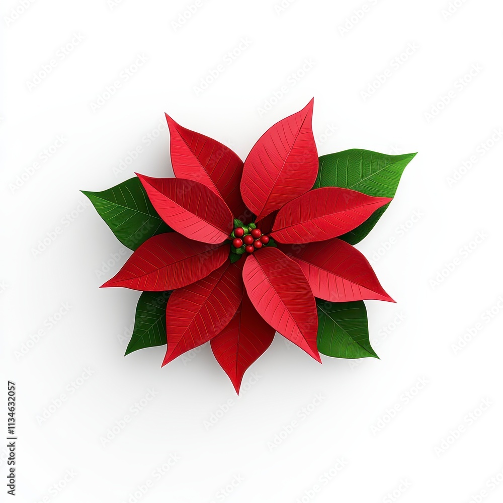Vibrant red poinsettia flower with green leaves Vibrant red poinsettia flower with green leaves