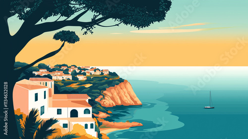 Illustration, typical landscape of the algarve region in Portugal, touristic advertisement poster. Promotional poster for tourist destination, wonderful Algarve region.