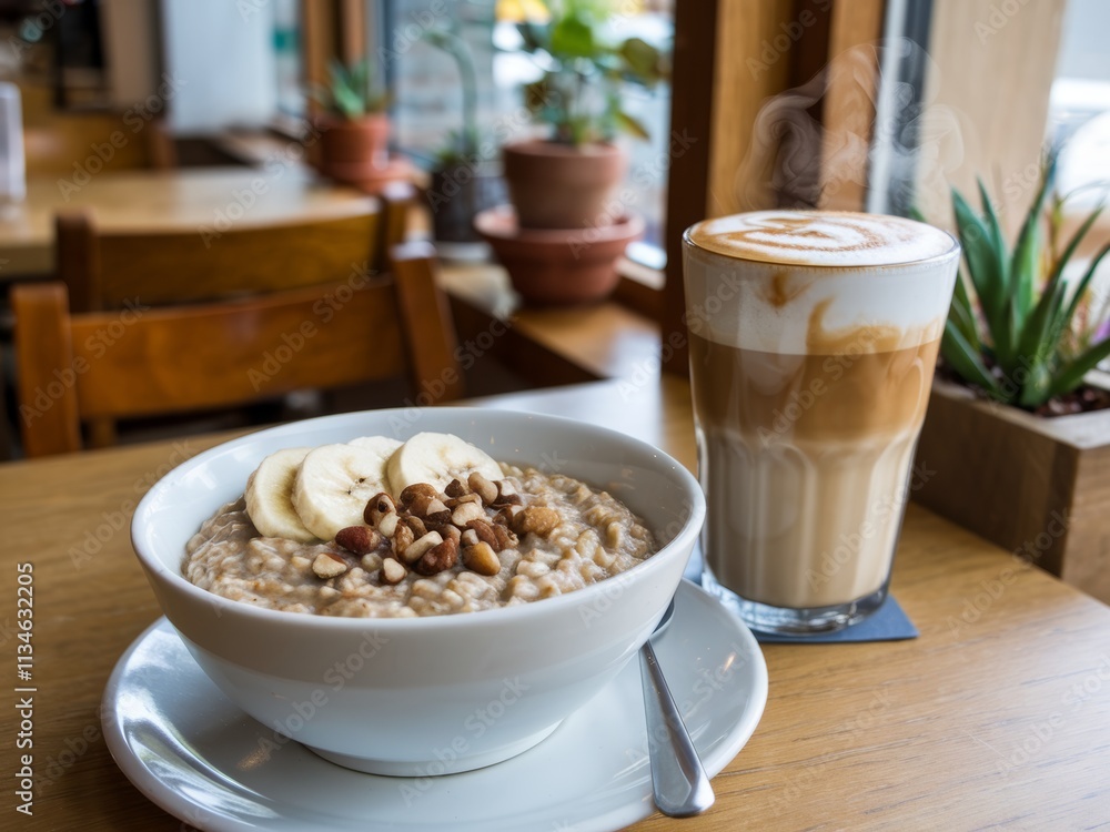 A bowl of oatmeal topped with bananas and nuts beside a latte in a cozy caf? setting. A bowl of oatmeal topped with bananas and nuts beside a latte in a cozy caf? setting.