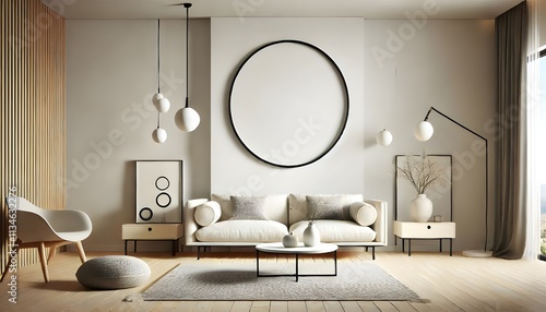 A bright, modern living room features minimalist decor. A round black frame hangs above a white couch, flanked by matching side tables and globe lighting.