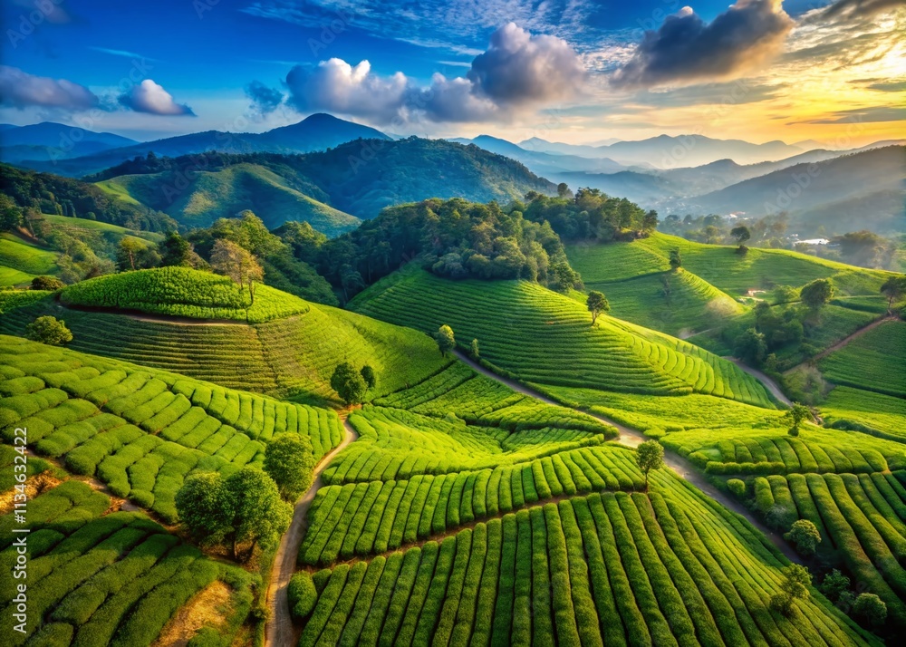 Fototapeta premium Aerial View of a Serene Tea Plantation with Lush Green Fields, Rows of Tea Bushes, and a Scenic Landscape Capturing the Essence of Nature and Tranquility in Tea Cultivation