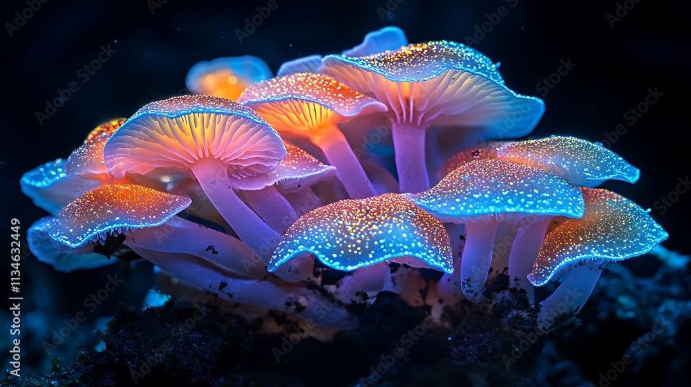 Glowing Cluster Of Bioluminescent Mushrooms In Night Glowing Cluster Of Bioluminescent Mushrooms In Night