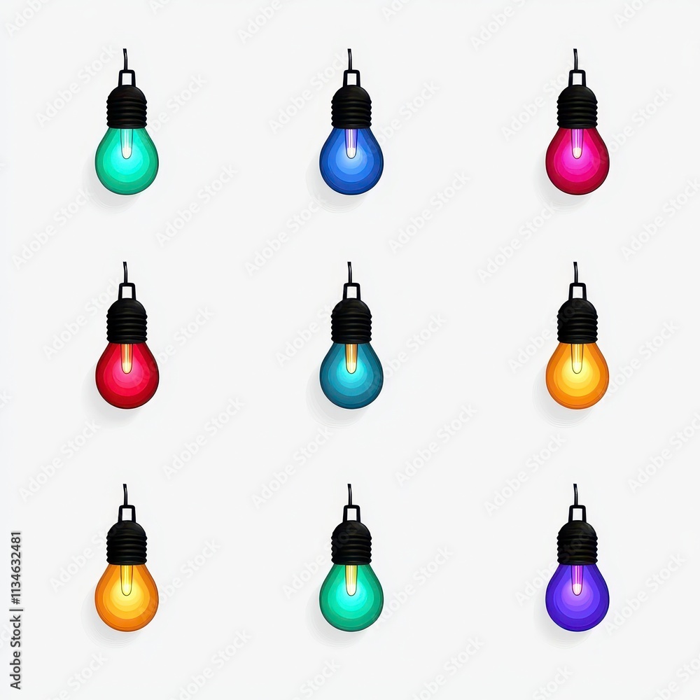 Colorful hanging light bulbs in a grid arrangement Colorful hanging light bulbs in a grid arrangement