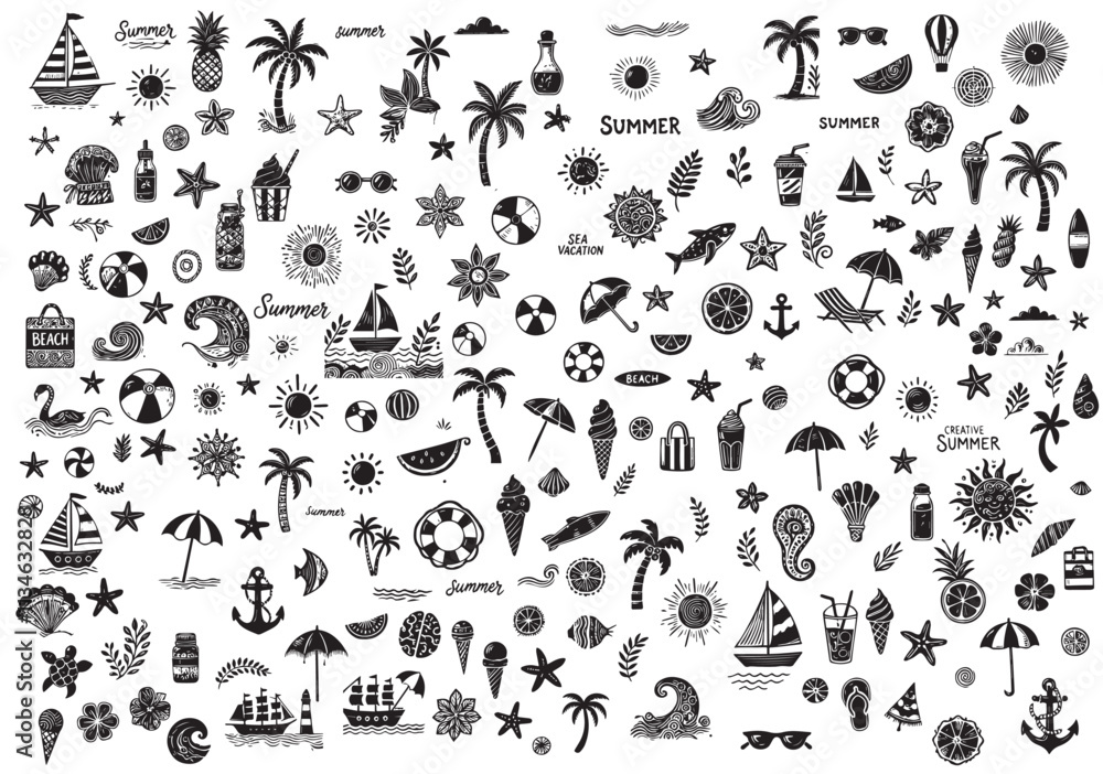 Fototapeta premium Chalk doodle style vector illustrations set. Creative summer print, label, cover. Ink hand drawn design elements. Sea vacation collection