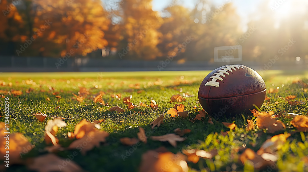 A football resting on a lush, green grassy field scattered with autumn leaves, capturing the serene yet competitive atmosphere of the early fall sports season. A football resting on a lush, green grassy field scattered with autumn leaves, capturing the serene yet competitive atmosphere of the early fall sports season.