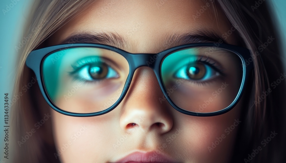 Close-up of a Childs Face with Stylish Glasses, Emphasizing Curious Eyes and a Playful Gaze Close-up of a Childs Face with Stylish Glasses, Emphasizing Curious Eyes and a Playful Gaze