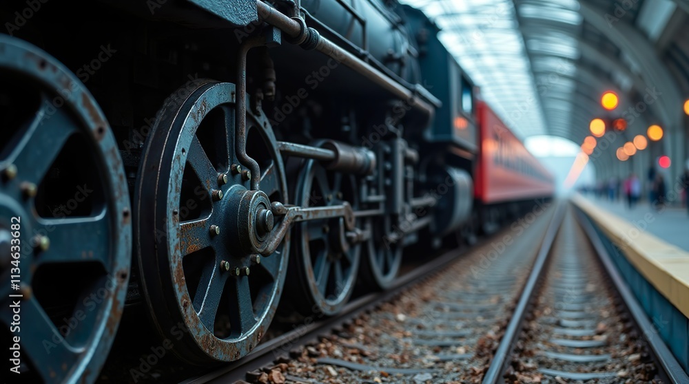 A Microphotography of an Old Steam Locomotive’s Metal Wheel Transitioning into the Sleek Design of a High-Speed Train A Microphotography of an Old Steam Locomotive’s Metal Wheel Transitioning into the Sleek Design of a High-Speed Train