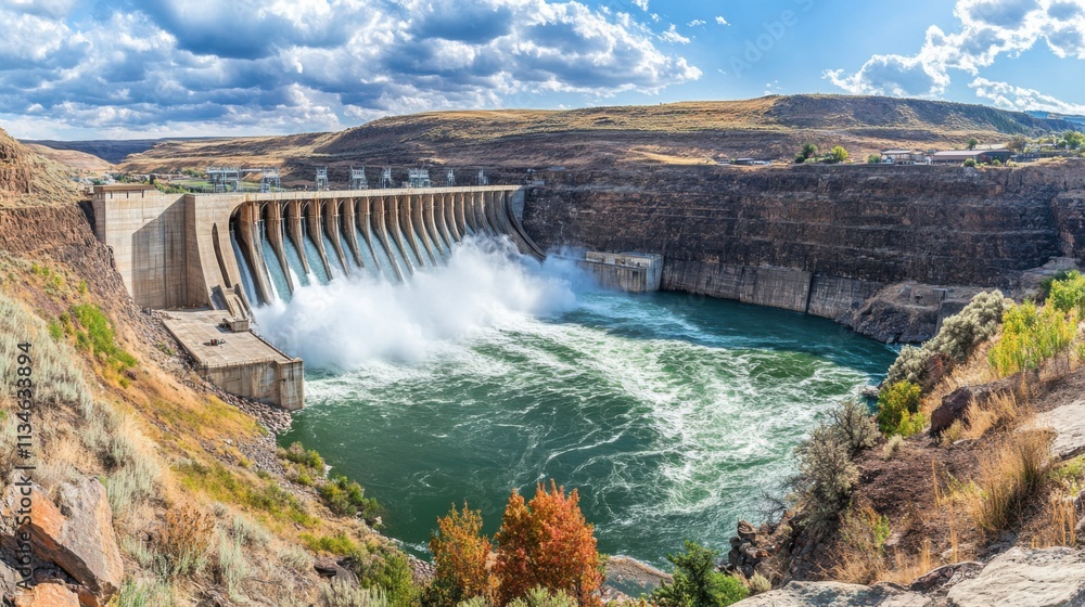 Panoramic View of Hydroelectric Dam with Vibrant Water Flow Panoramic View of Hydroelectric Dam with Vibrant Water Flow