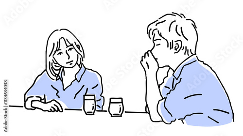 飲物の前で語り合う男女の線画_2色青黒