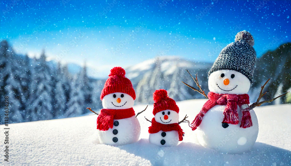 Closeup of a Merry Christmas and Happy New Year Card with Snowman Family In Winter Closeup of a Merry Christmas and Happy New Year Card with Snowman Family In Winter
