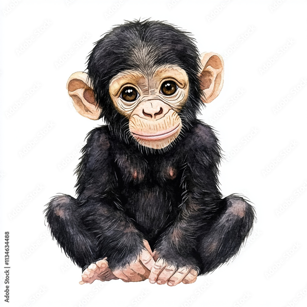 Fototapeta premium Watercolor illustration of baby chimpanzee, cute and playful