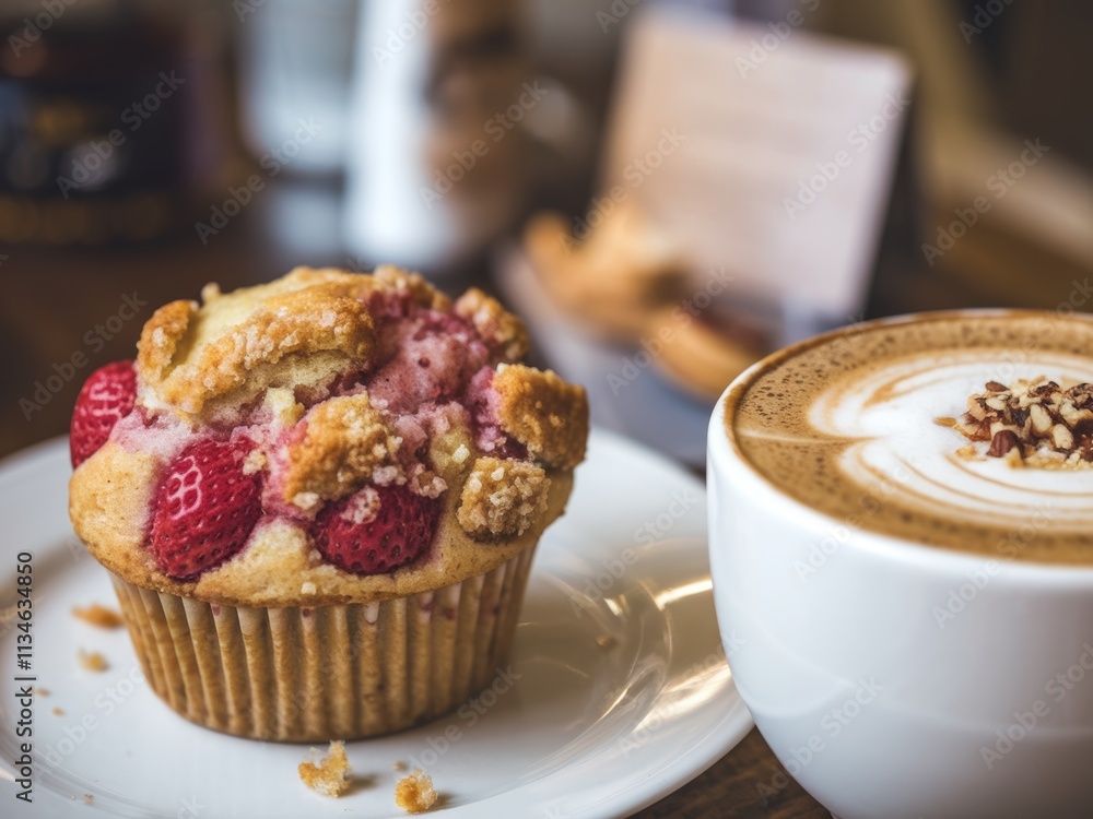 A delicious muffin with strawberries next to a cup of coffee on a wooden table. A delicious muffin with strawberries next to a cup of coffee on a wooden table.