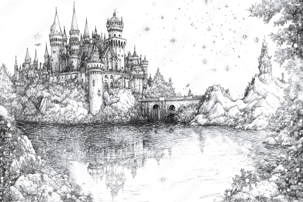 Intricate coloring page featuring a majestic medieval castle reflected in a serene lake, surrounded by lush foliage and sparkling stars Intricate coloring page featuring a majestic medieval castle reflected in a serene lake, surrounded by lush foliage and sparkling stars