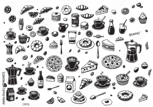 Vector illustration of food and coffee icons in chalk or ink hand drawn style. Retro vintage line art illustration for invitations, menus design, social media