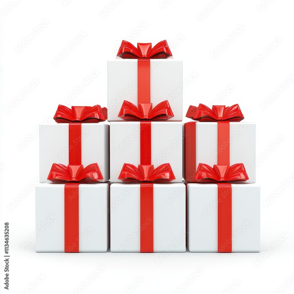 Fototapeta premium stack of white gift boxes with red ribbons