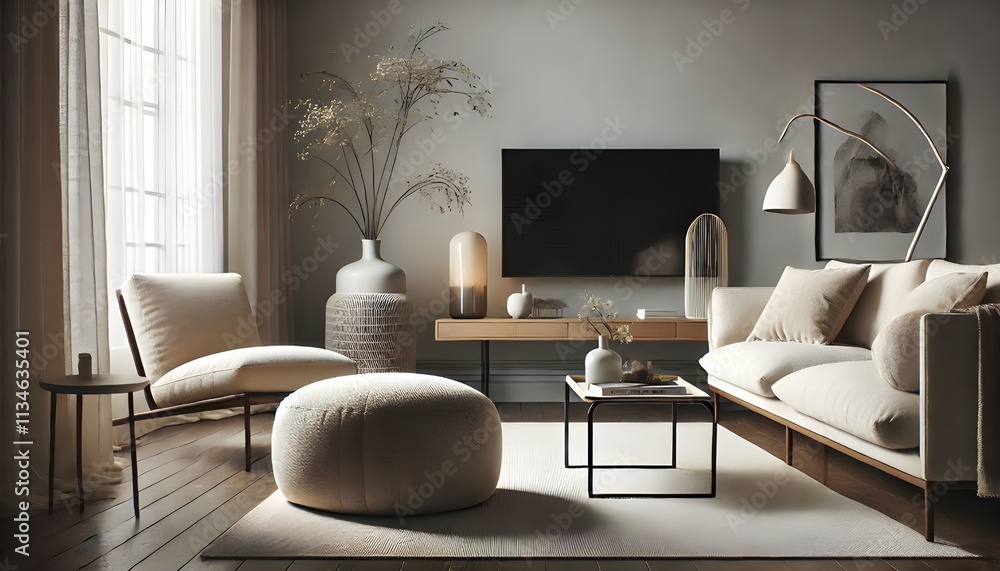 Fototapeta premium A modern living room showcases neutral decor and a dark television above a light wooden media cabinet.