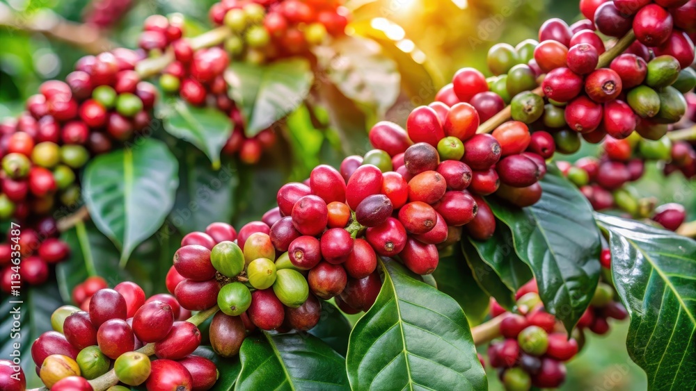 Coffee beans ripening on a tree , Coffee, beans, ripening, tree, agriculture, growth, organic, farm, plantation, harvest Coffee beans ripening on a tree , Coffee, beans, ripening, tree, agriculture, growth, organic, farm, plantation, harvest