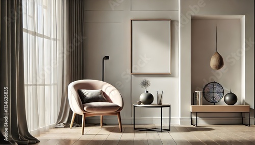 A calming neutral interior shows a chair and small table, creating a serene sitting area.